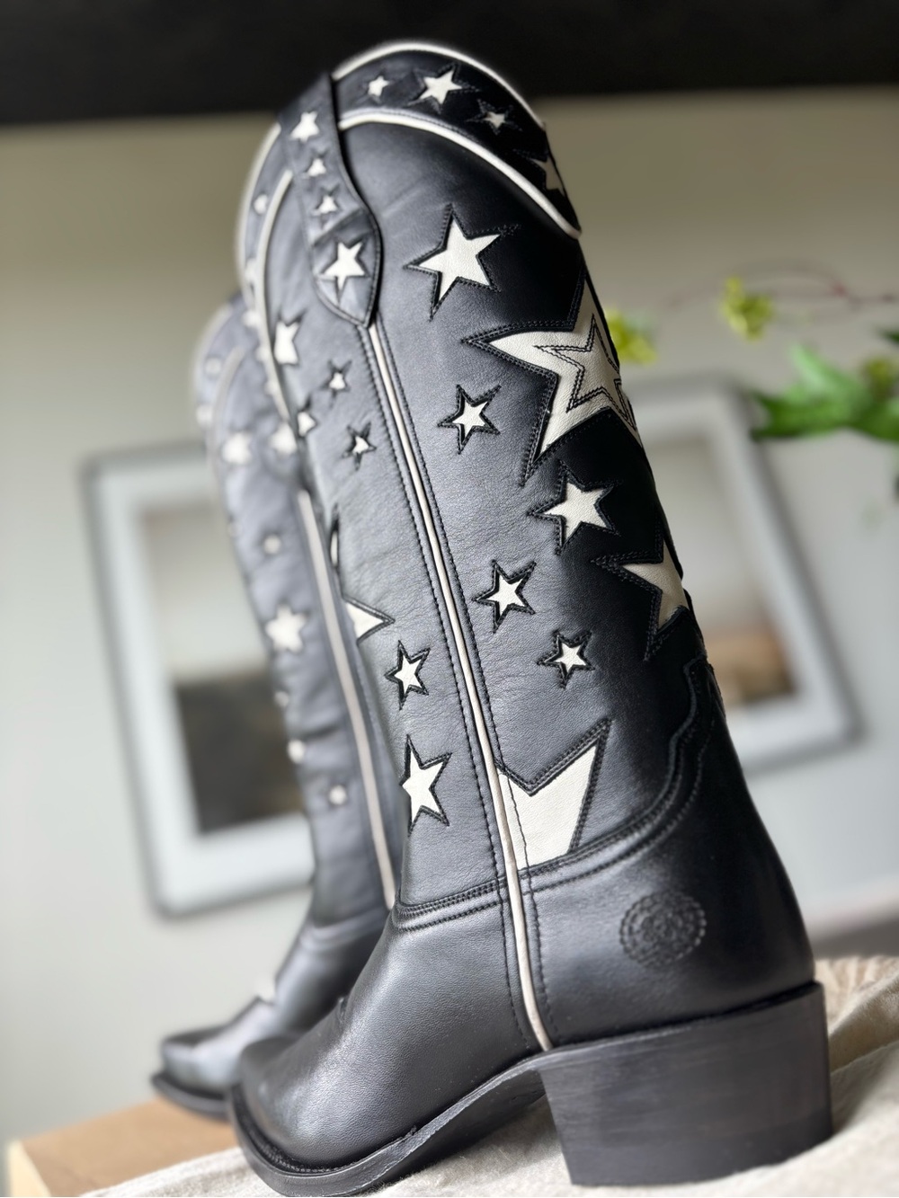 Ranch Road Presidio Black White Star Tall Leather Western Cowgirl Cowboy Boots - Picture 6 of 16